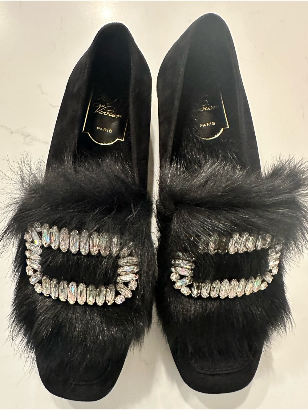 Roger Vivier Belle Vivier Crystal Buckle Black Fur Loafers Size EU 39 US 8.5